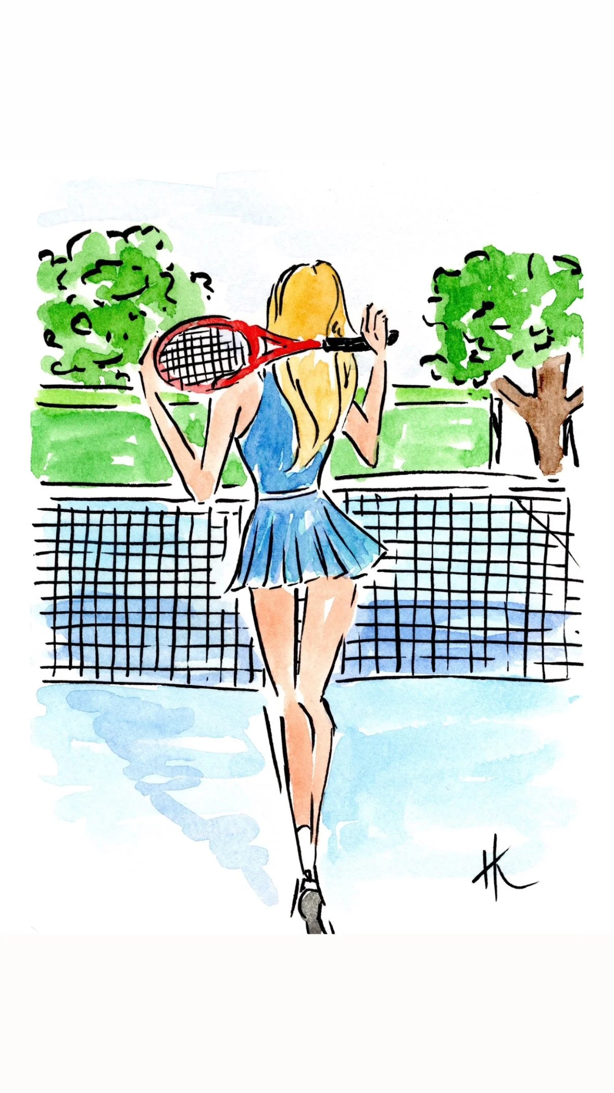 A watercolor and ink illustration of a tennis player seen from behind, holding a red tennis racket near her head on a tennis court, with trees in the background.