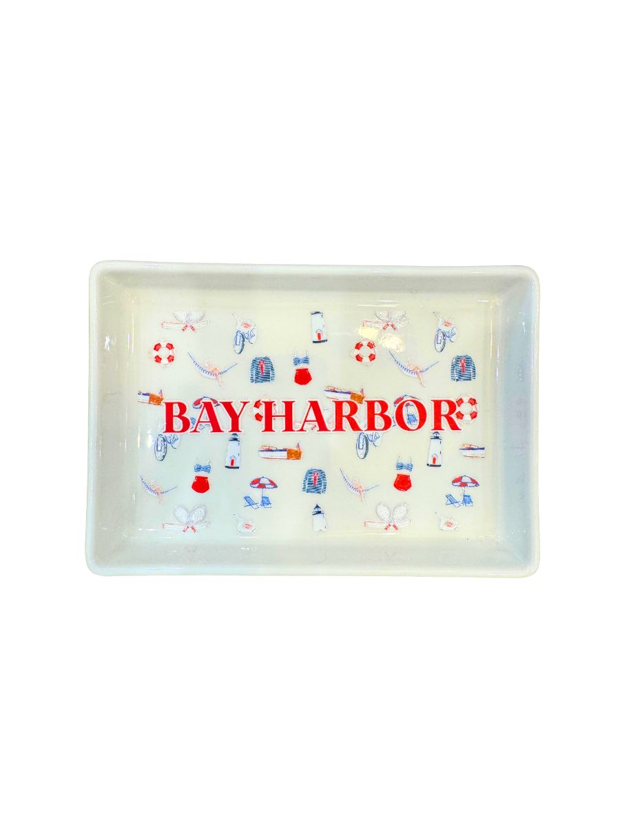 Rectangular tray with 'Bay Harbor' text and nautical illustrations on a white background