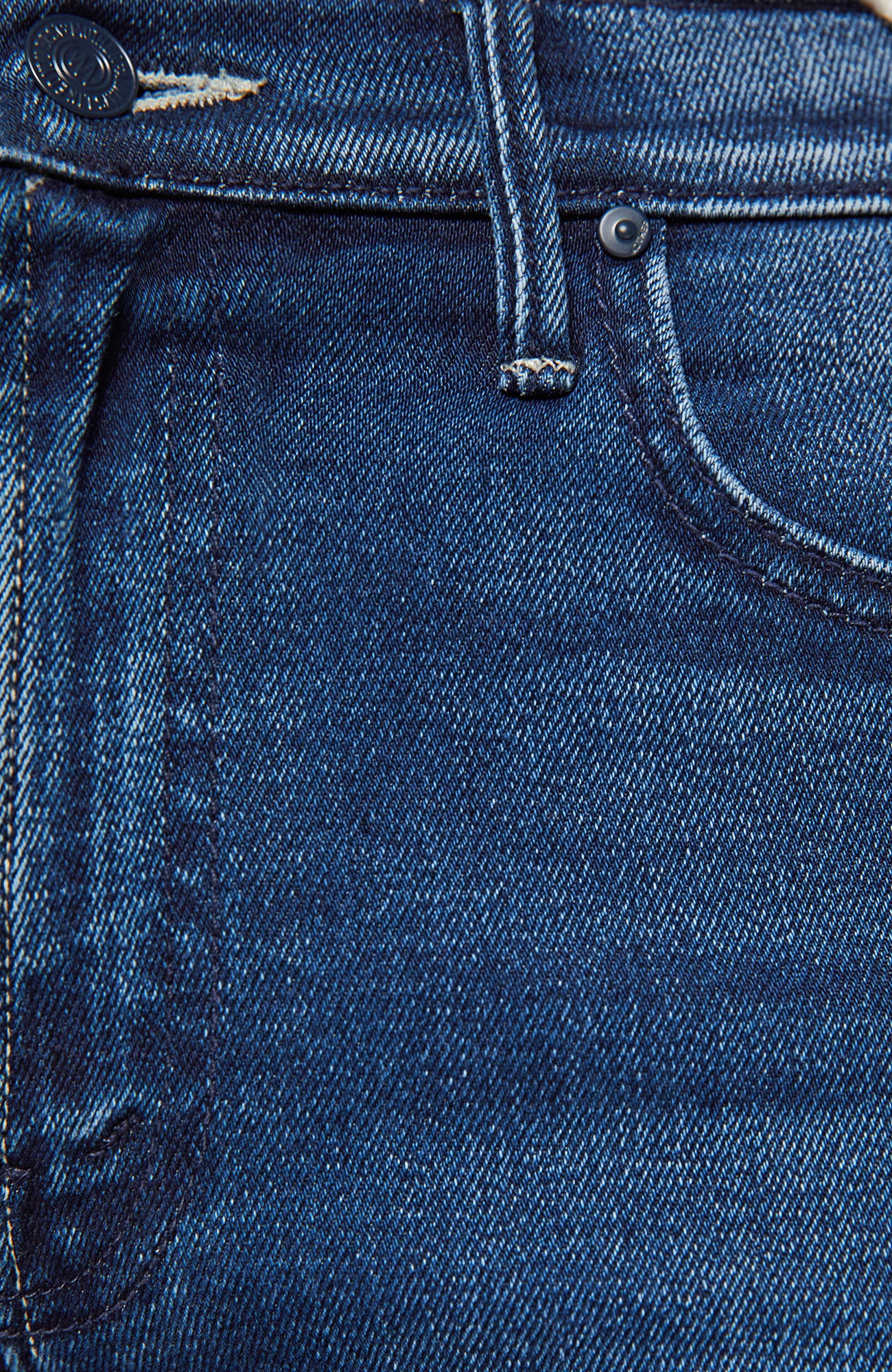 Close-up of blue denim jeans with stitching details