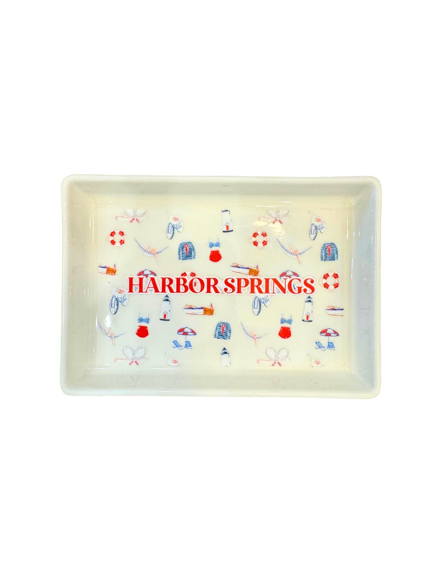 Rectangular tray with 'Harbor Springs' branding and decorative elements on a white background