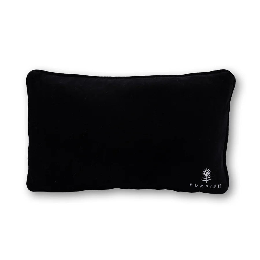 Black pillow with a brand logo on a white background