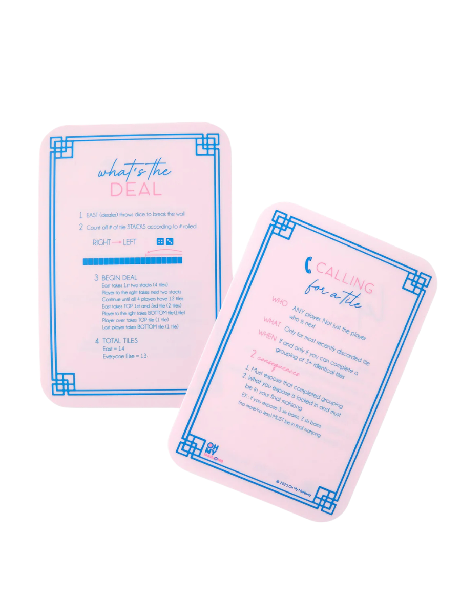 Two pink cards with blue text on a white background