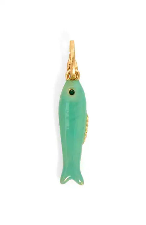 Green fish-shaped pendant with gold chain on a white background