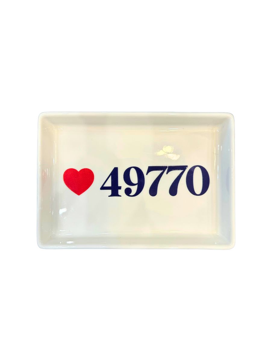 Rectangular ceramic tray with a red heart and blue text '49770' on a white background