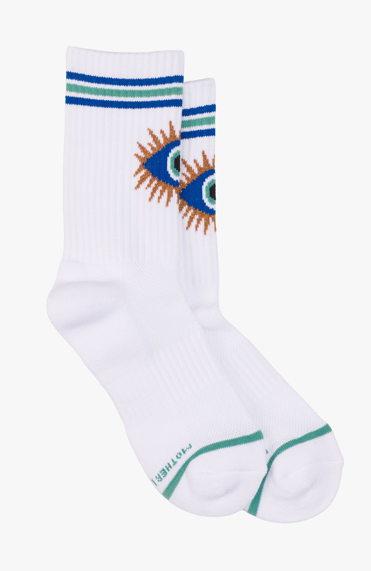A pair of white crew socks with blue and green stripes at the cuff, featuring a stylized embroidered eye design on the side, and a green toe stripe. The brand name 'STOCKHOLM' is printed near the heel.