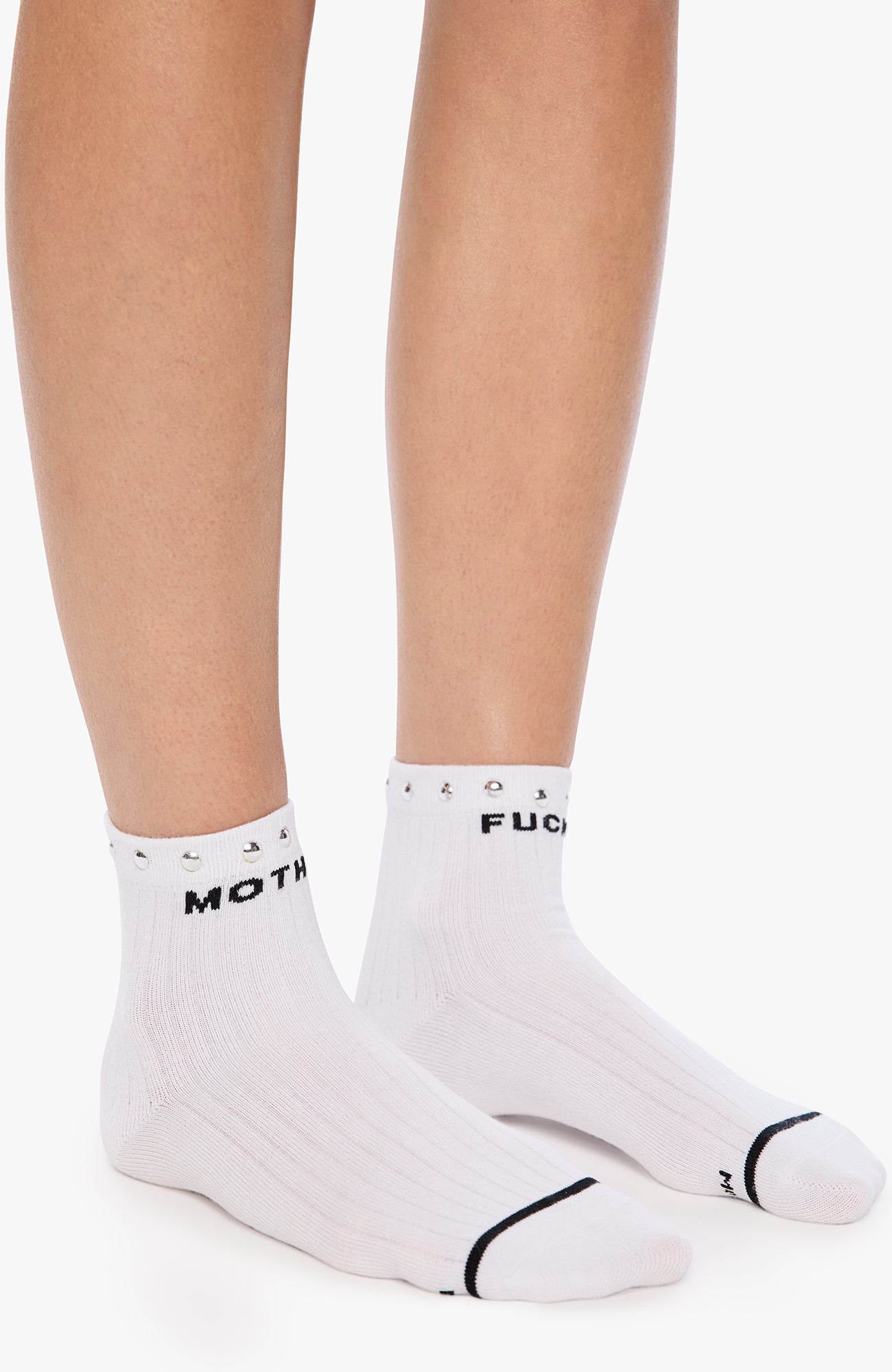 White socks with black text on a white background