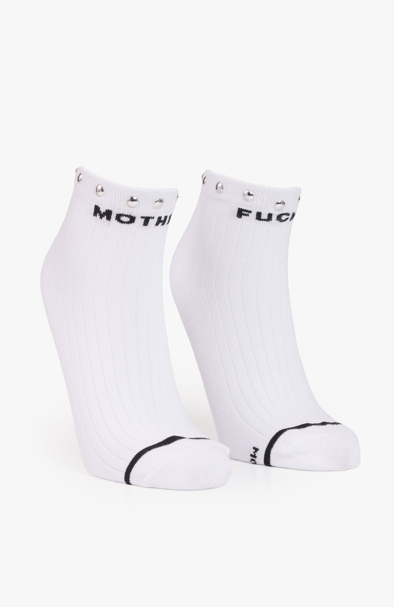 A pair of white low-cut athletic socks with black text reading 'MOTH' and 'FUCK' on the tops, plus black trim on the toes, shown on a light gray background.