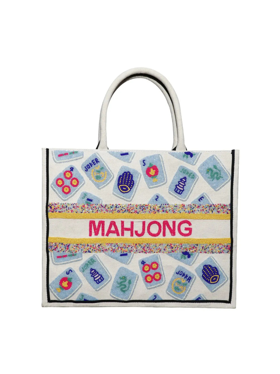 Tote bag with Mahjong design and text on a white background