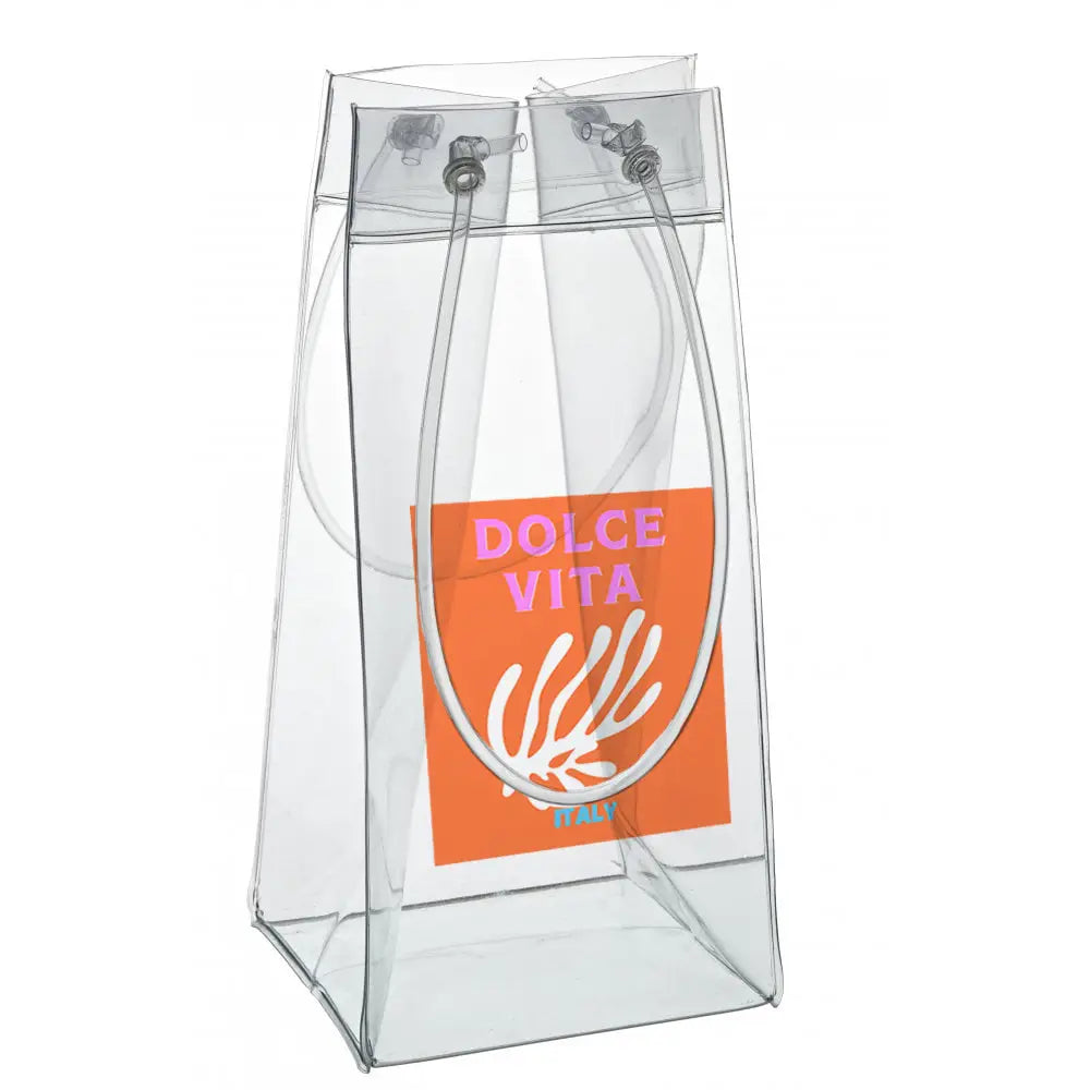 Clear plastic bag with a Dolce Vita label on a white background
