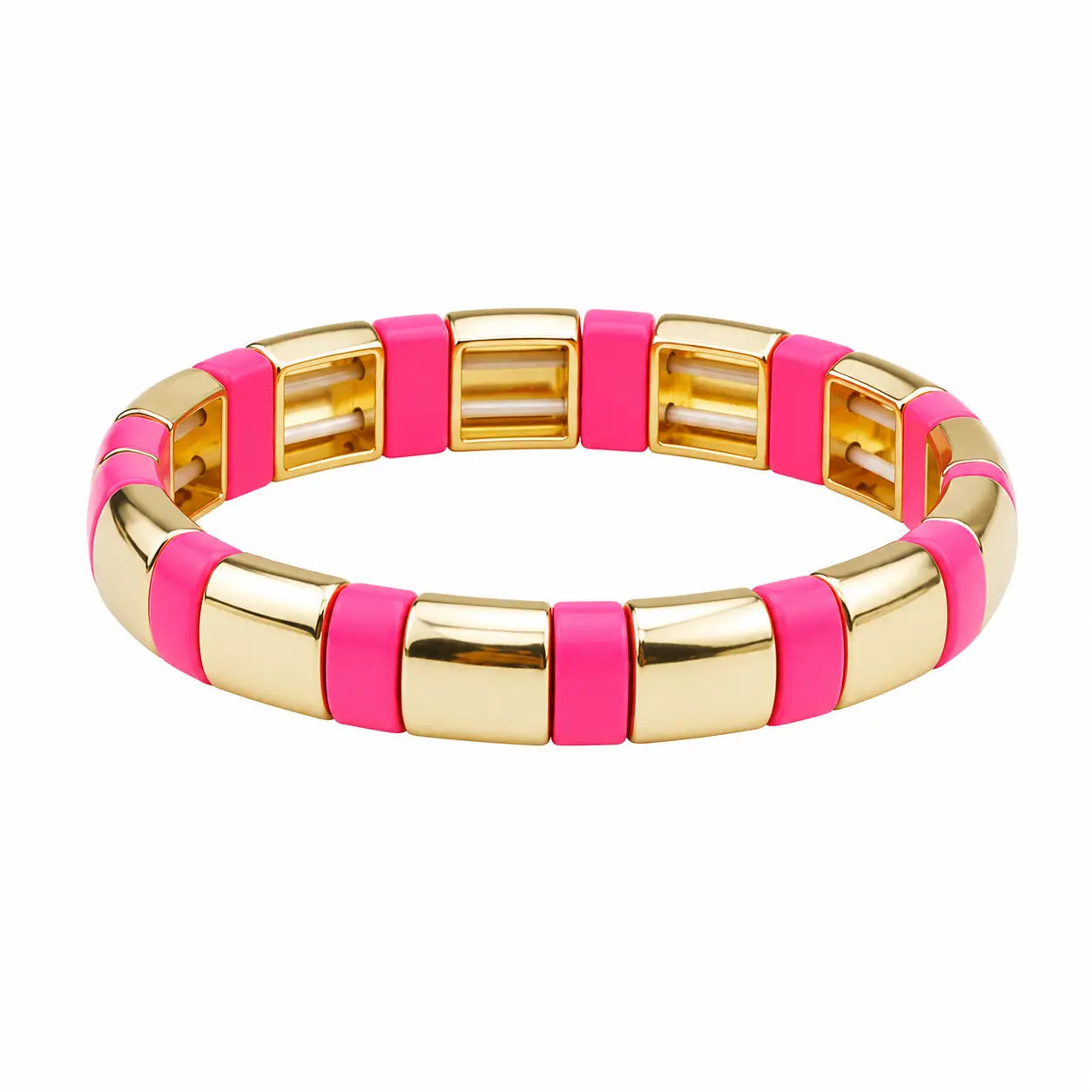 Gold bracelet with pink accents on a white background