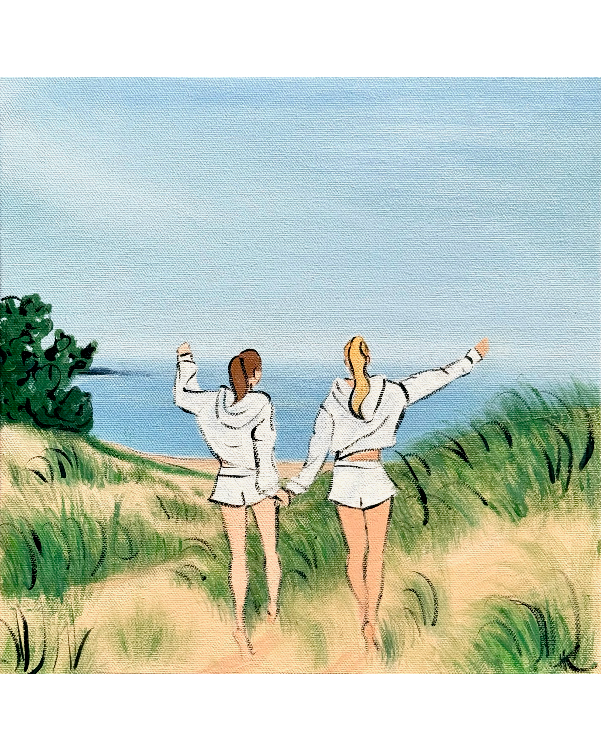 A pastel-style painting of two women holding hands and walking along a path through green grass toward the ocean under a pale blue sky.