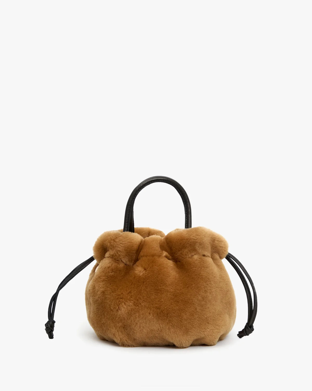 A small brown faux-fur drawstring pouch bag with a black top handle and black drawstrings, photographed on a clean white background.