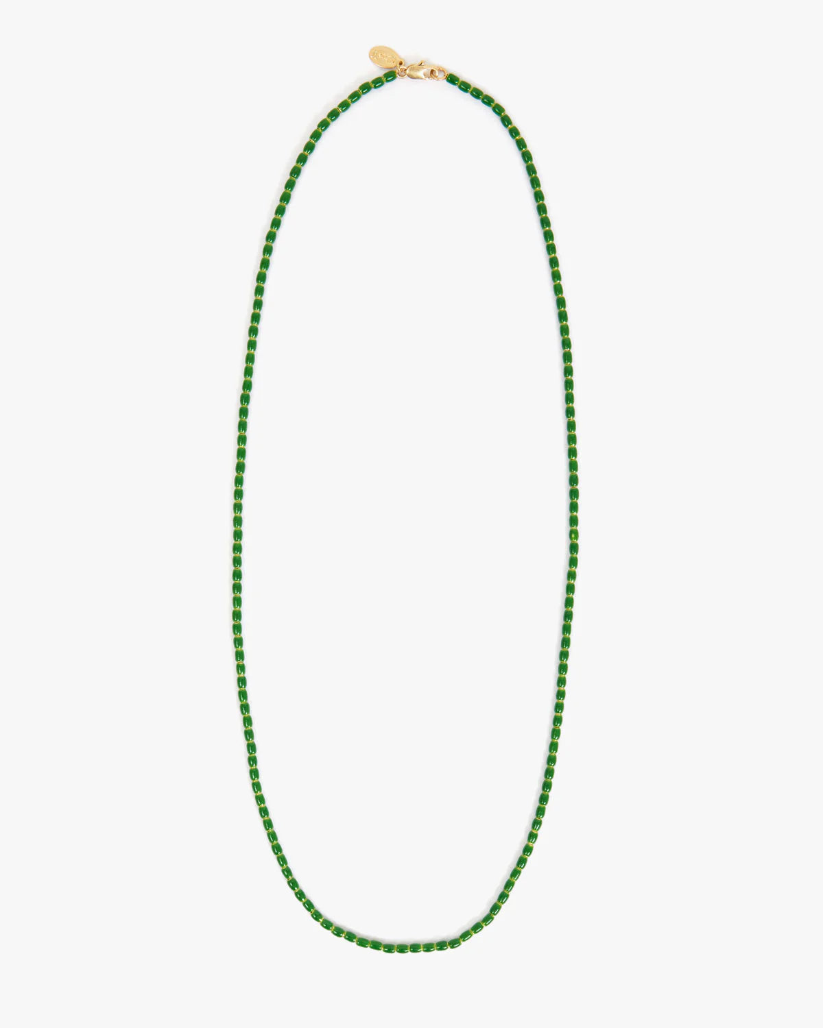 Green beaded necklace on a white background
