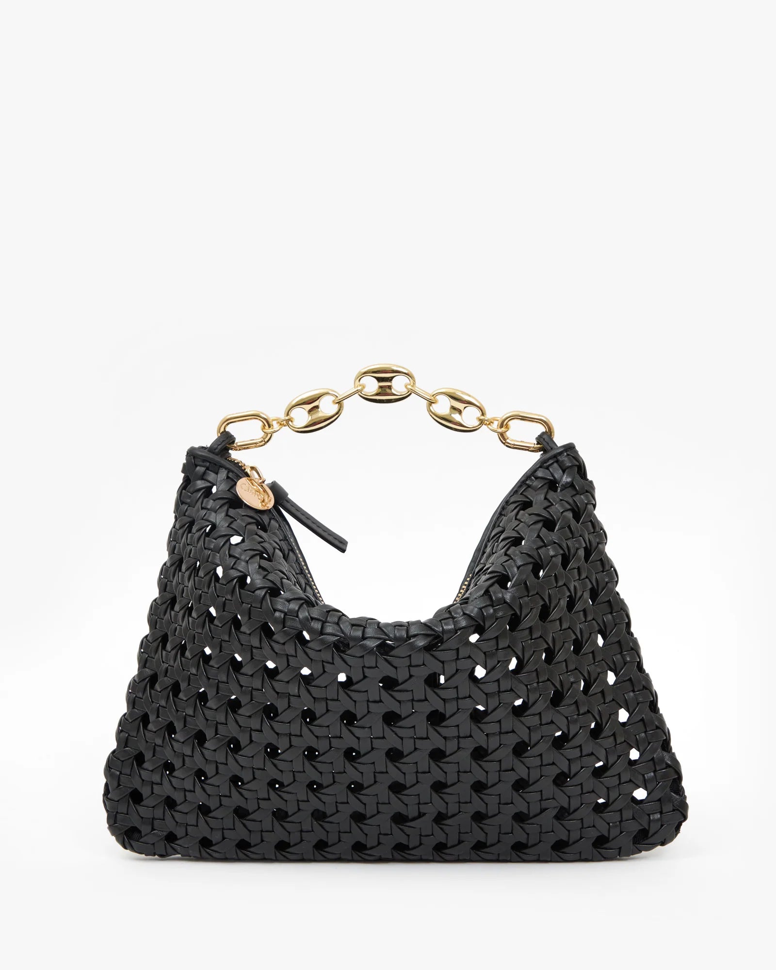 Black woven handbag with gold chain handle on a white background