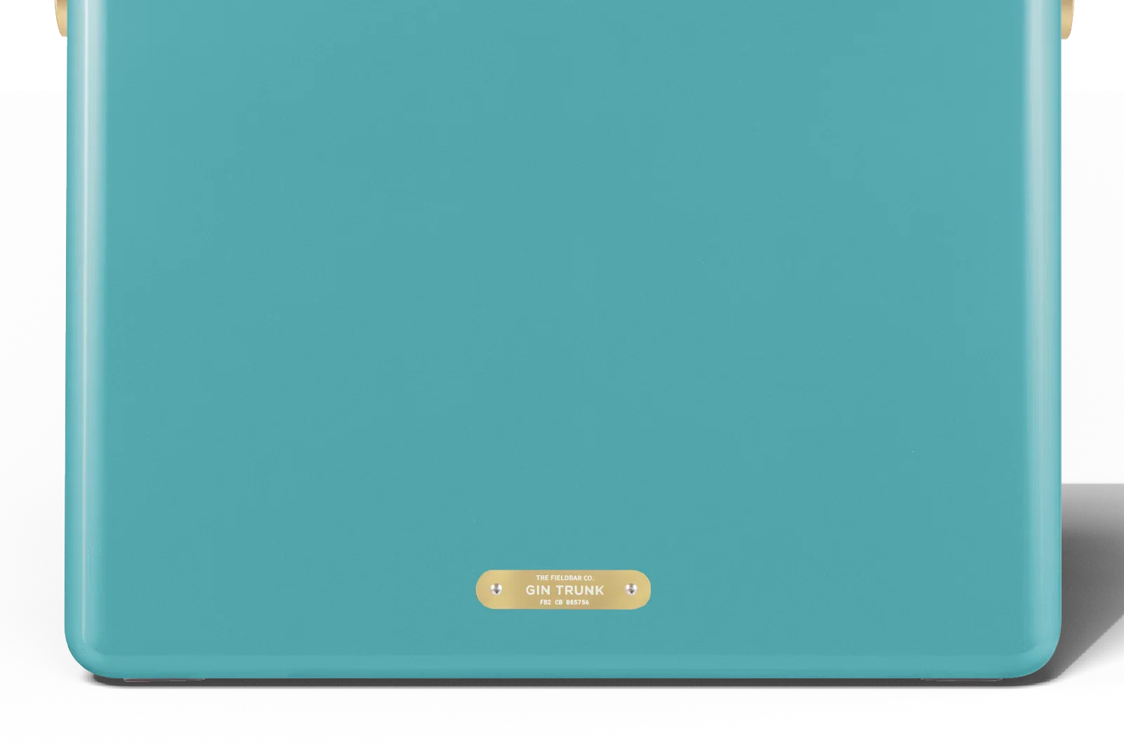 Teal bag with a gold label on a white background