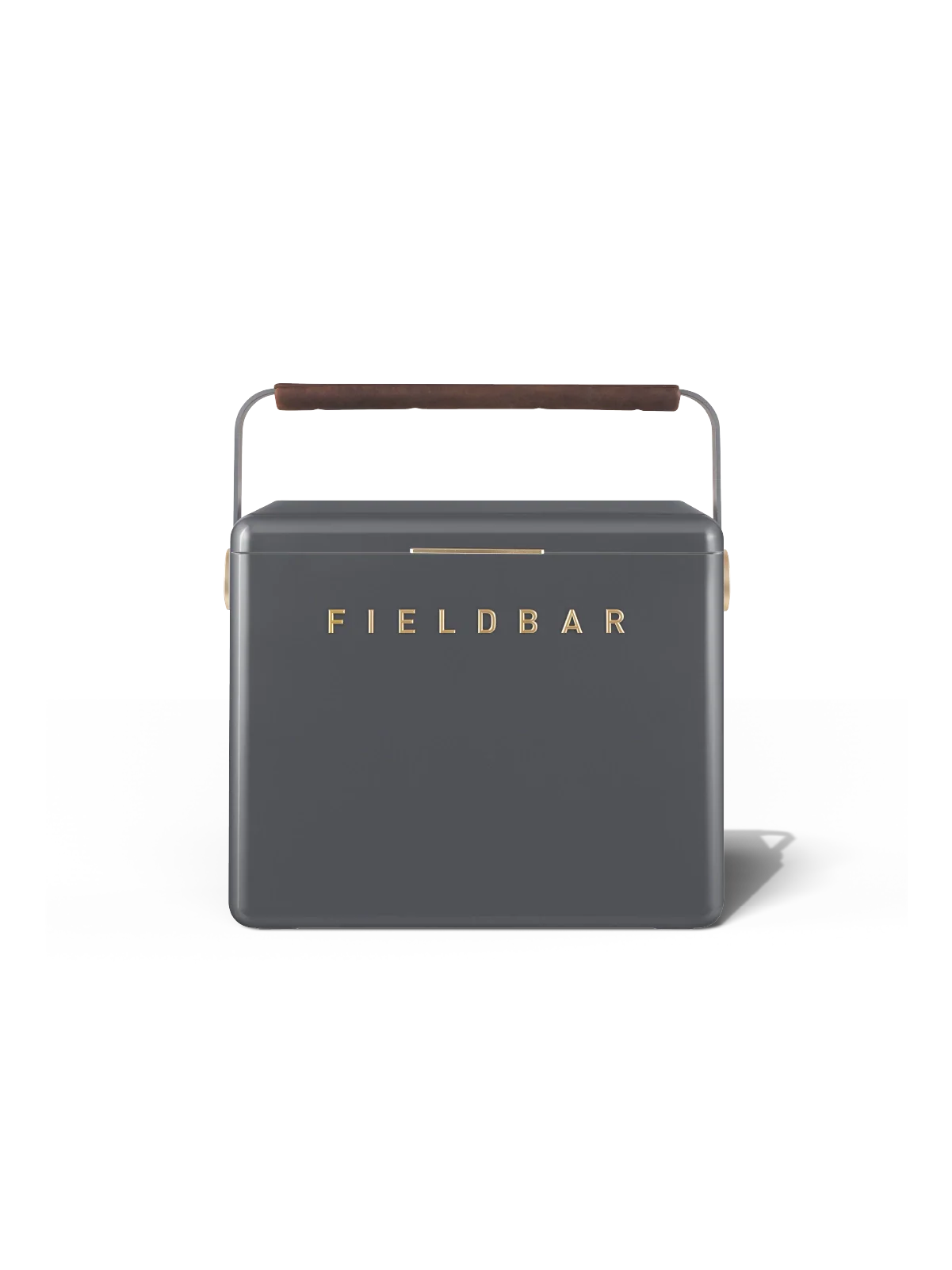 Gray cooler with brown handle and 'FIELDBAR' branding on a white background