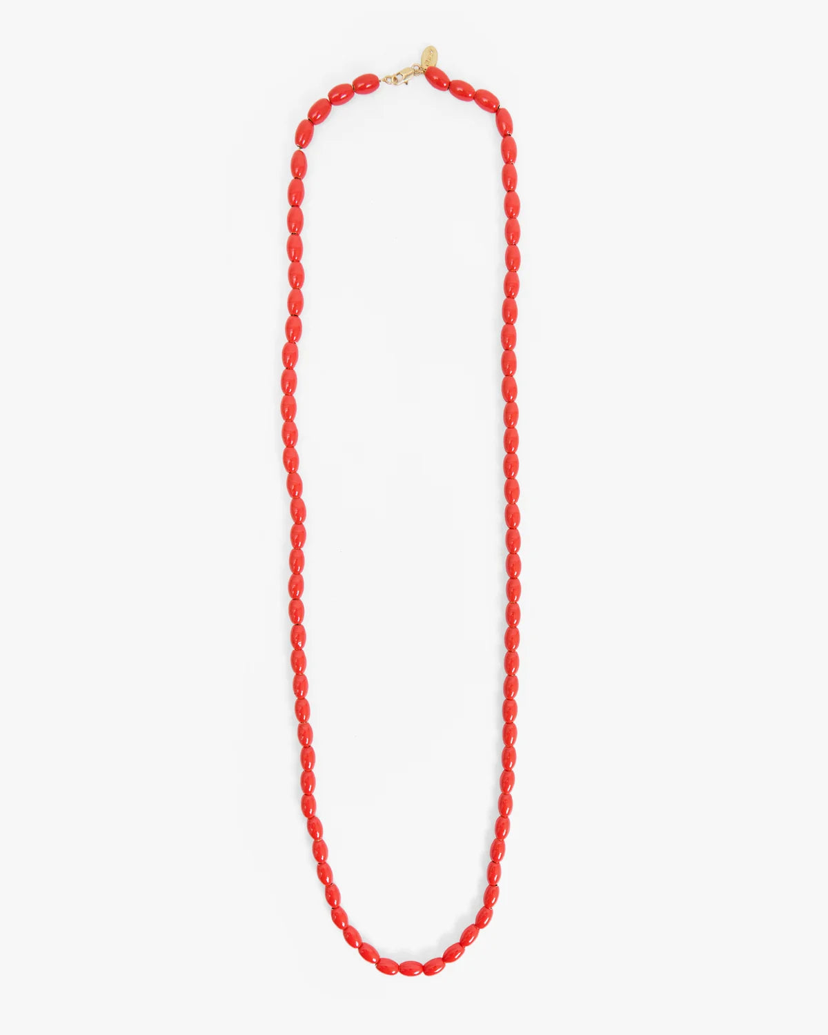 A vibrant red beaded necklace with a gold clasp, laid out vertically on a clean white background.
