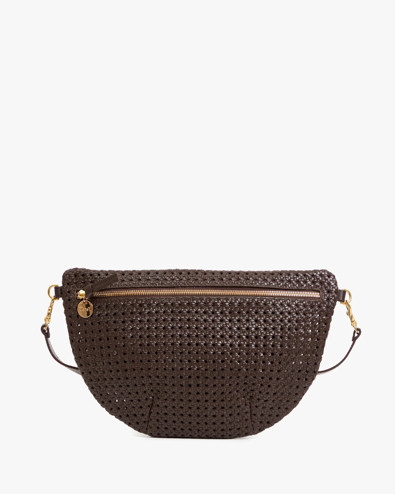 Brown woven handbag with gold zipper on a white background