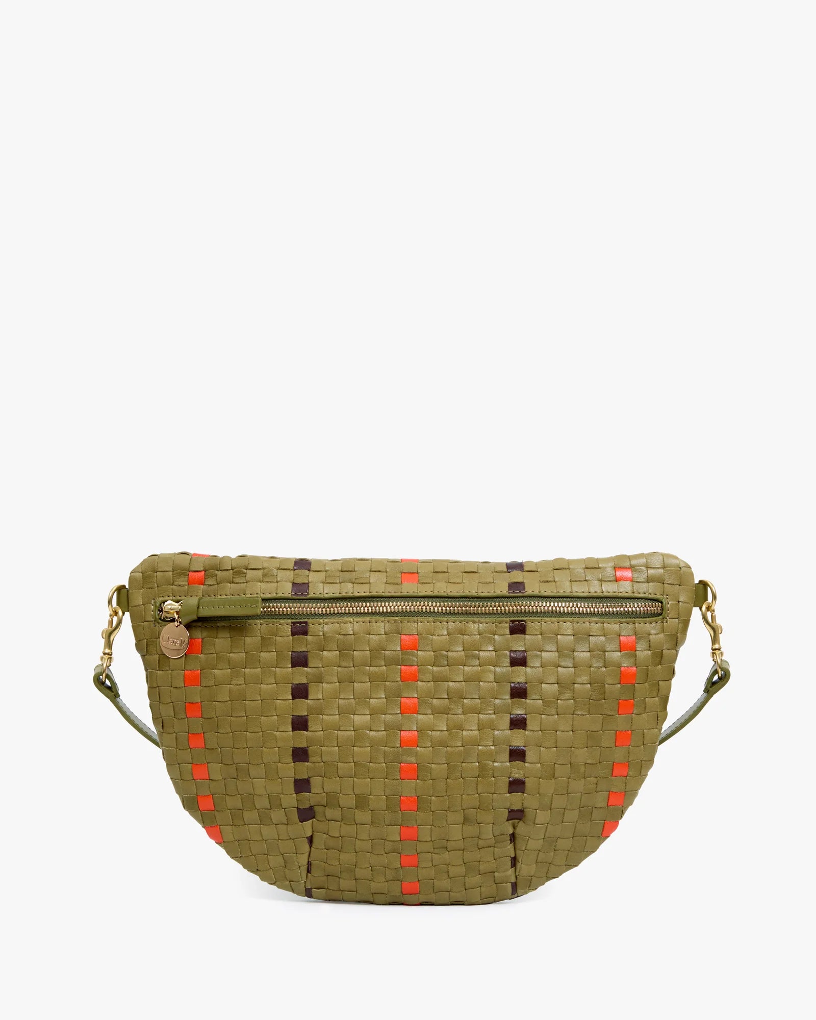 Woven bag with red and brown accents on a white background