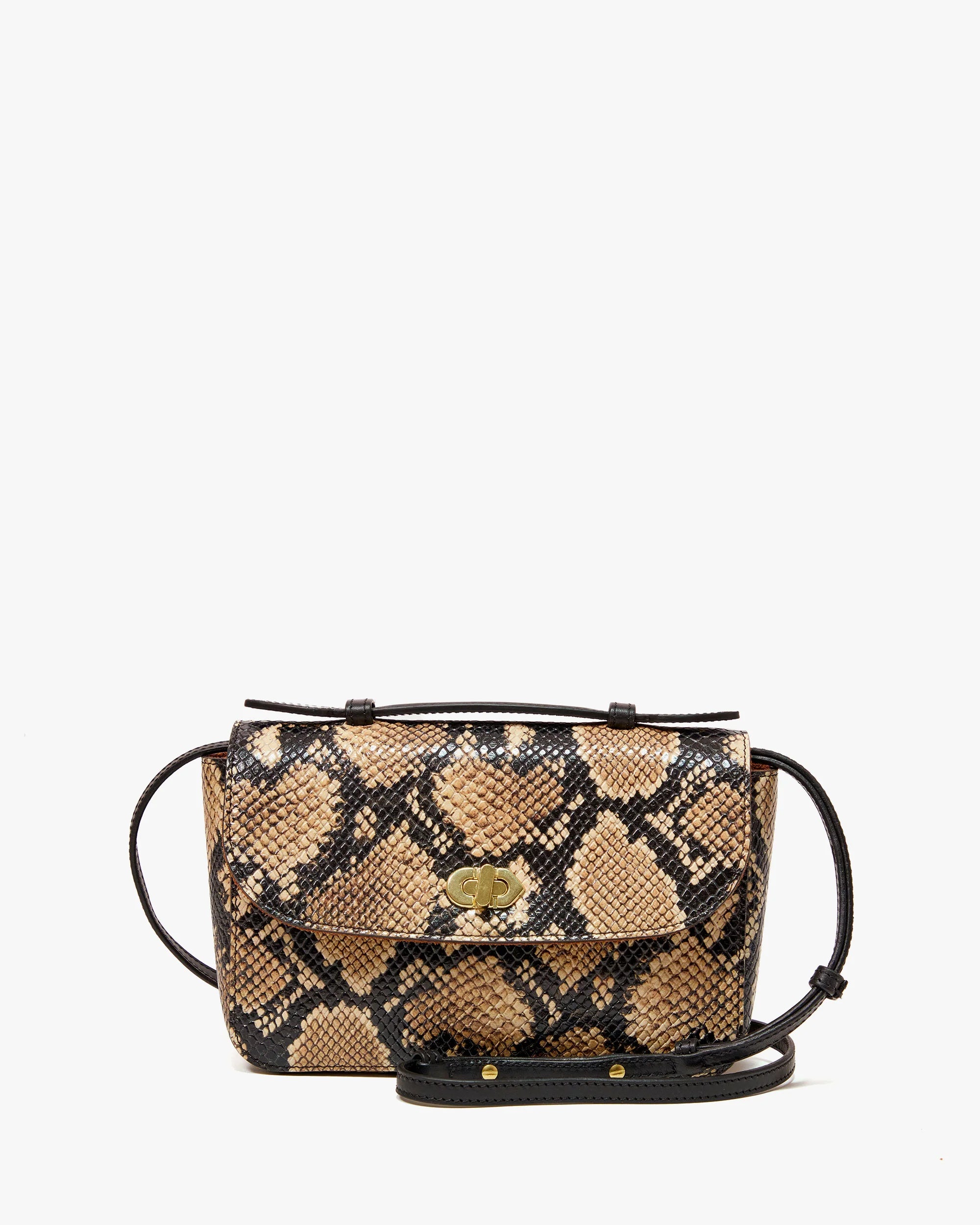 Snake print handbag with a gold clasp on a white background