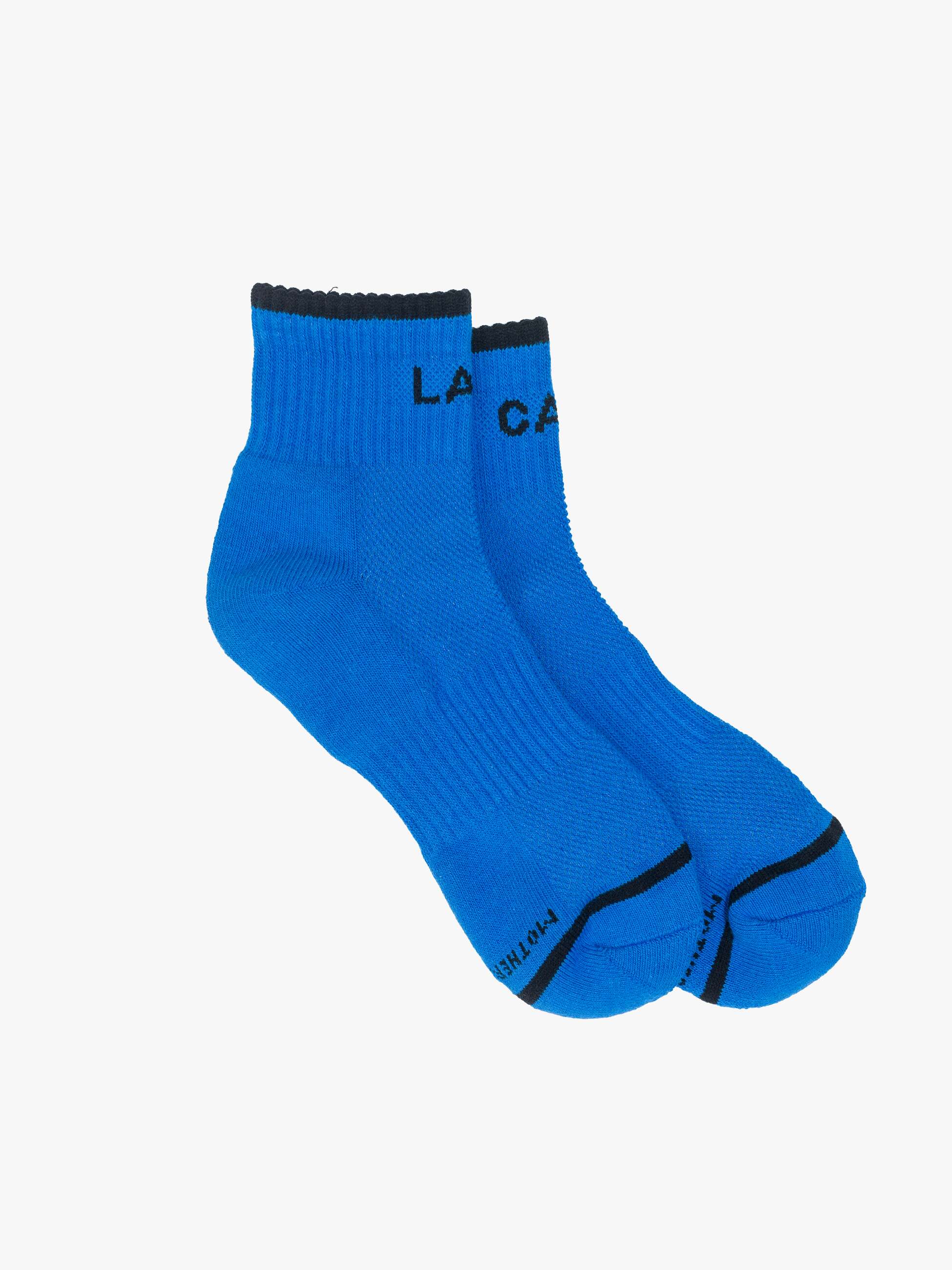 Pair of blue socks with black accents on a white background