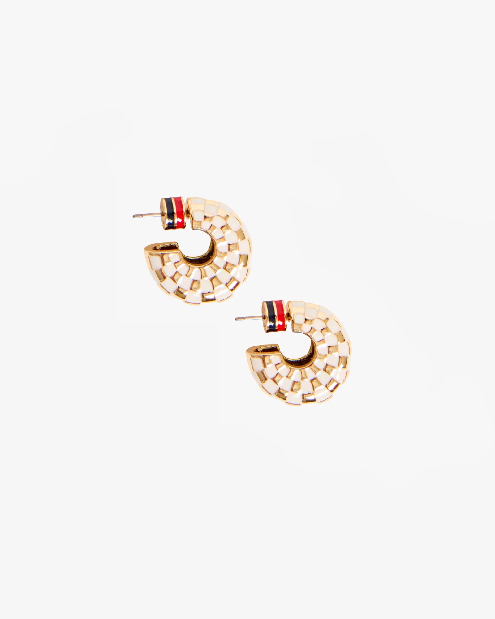 Pair of gold hoop earrings with red and blue accents on a white background