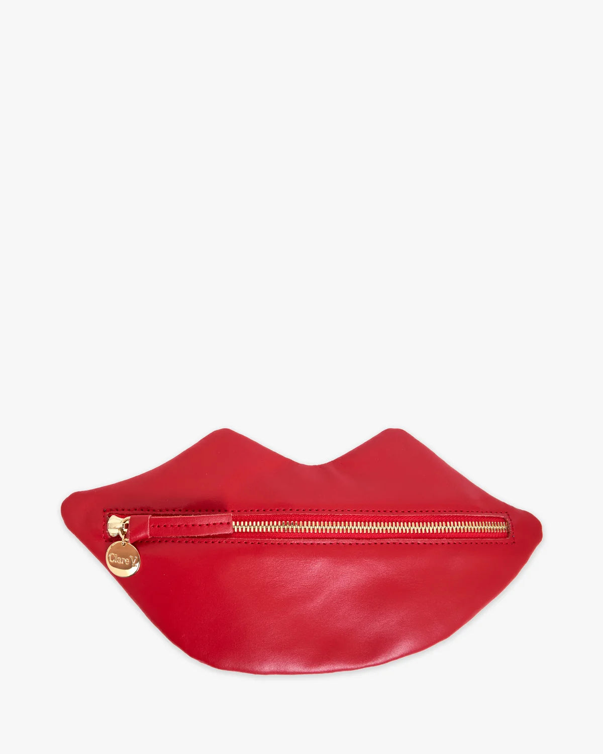 A red leather pouch shaped like a pair of lips, featuring a gold zipper and a small gold-tone circular charm, set against a plain white background.
