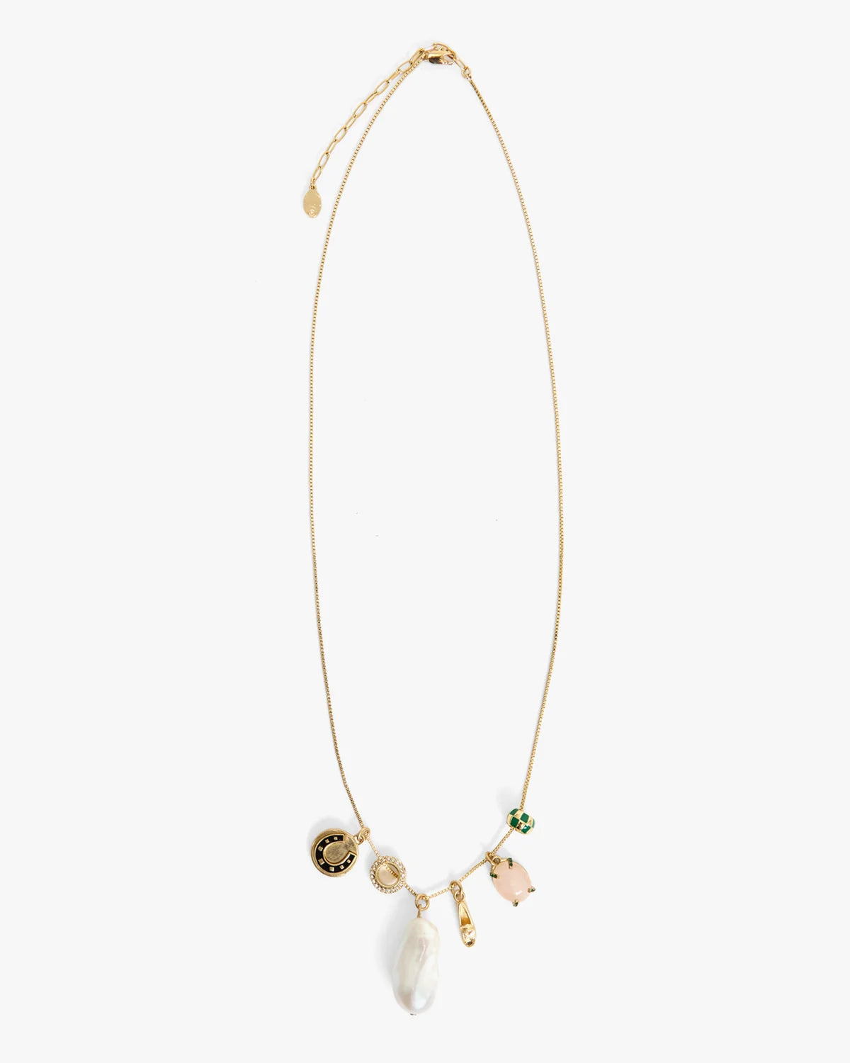 A delicate gold chain necklace with multiple charms, including a white pearl drop, a gold sun face charm, a small green stone charm, and a pink animal charm, displayed on a clean white background.