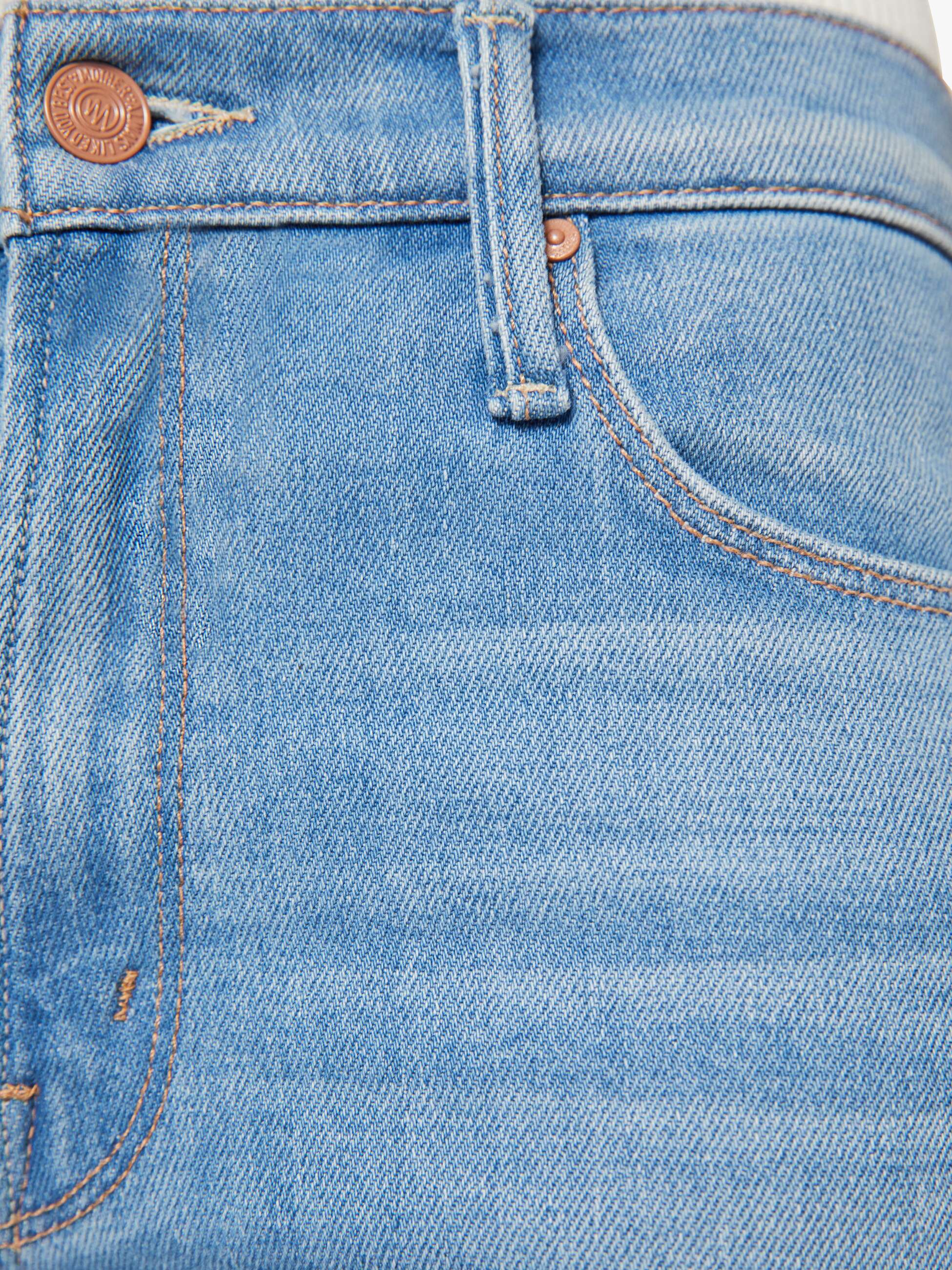 Close-up of blue denim jeans with stitching details