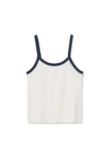 White tank top with navy blue trim on a white background