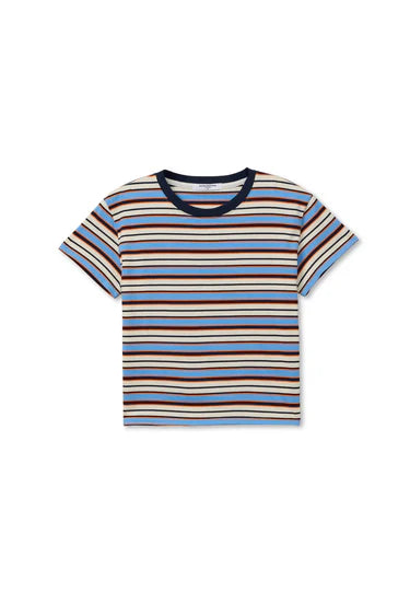 Striped t-shirt with blue, brown, and beige colors on a white background