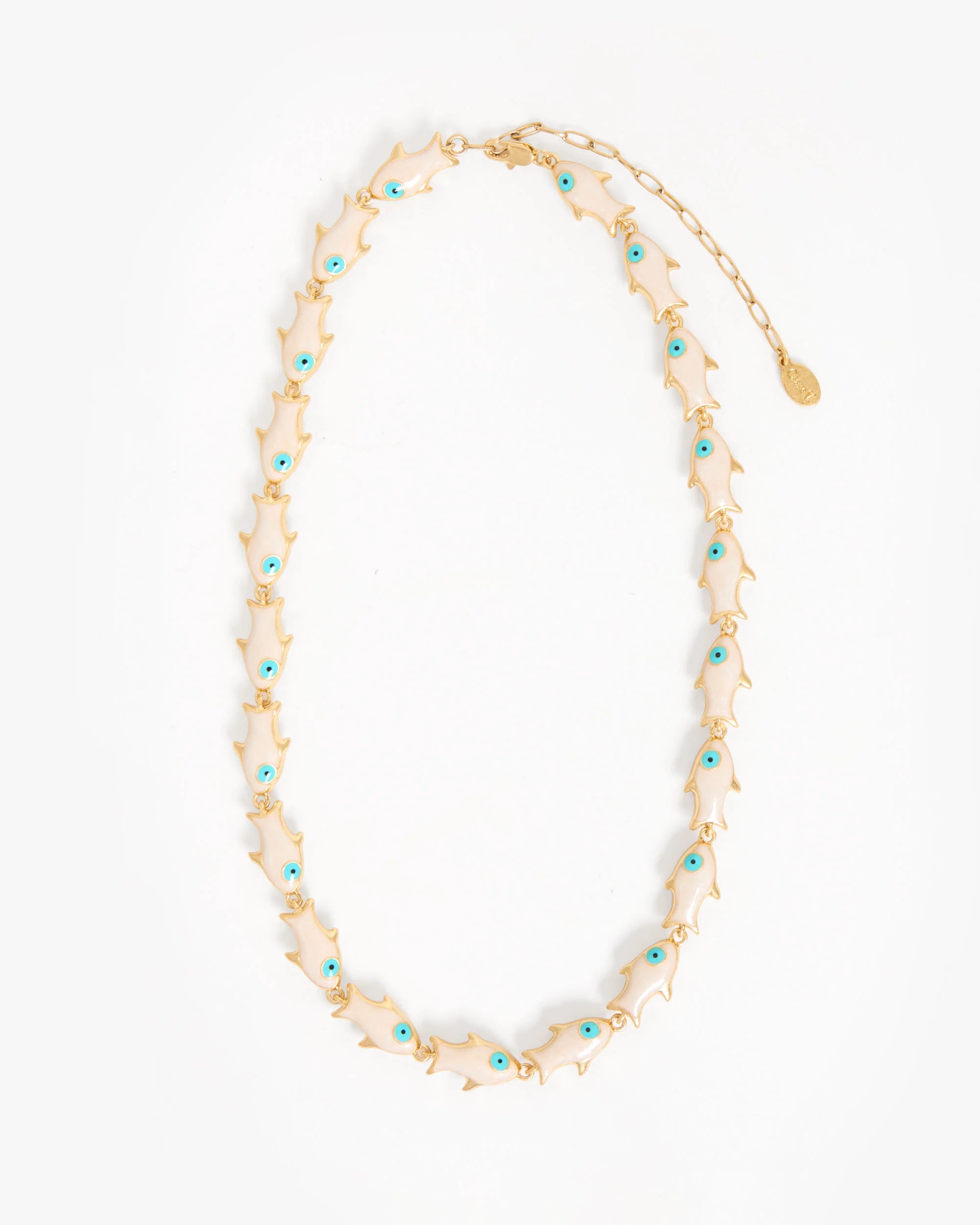 Necklace with gold chain and turquoise beads on a white background
