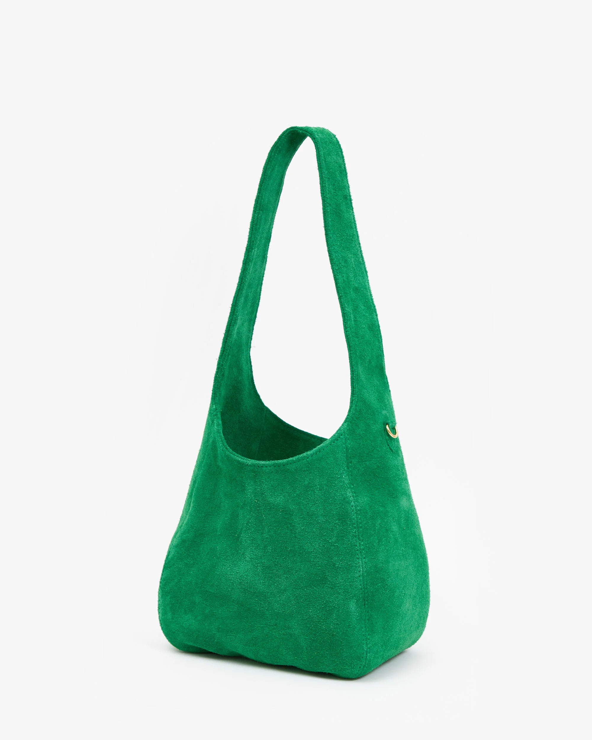 Green suede handbag on a white background