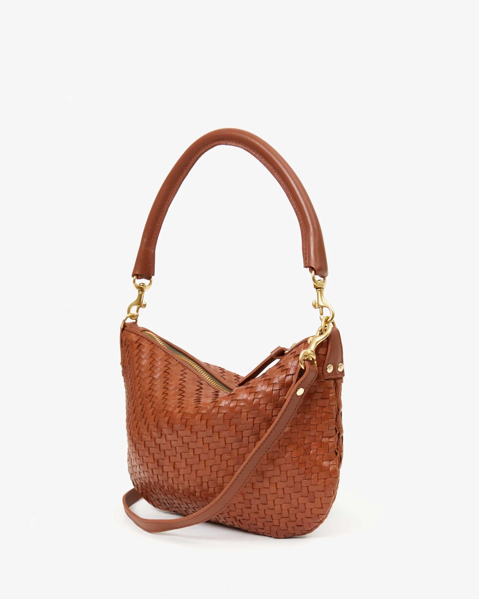 Brown woven handbag with gold accents on a white background