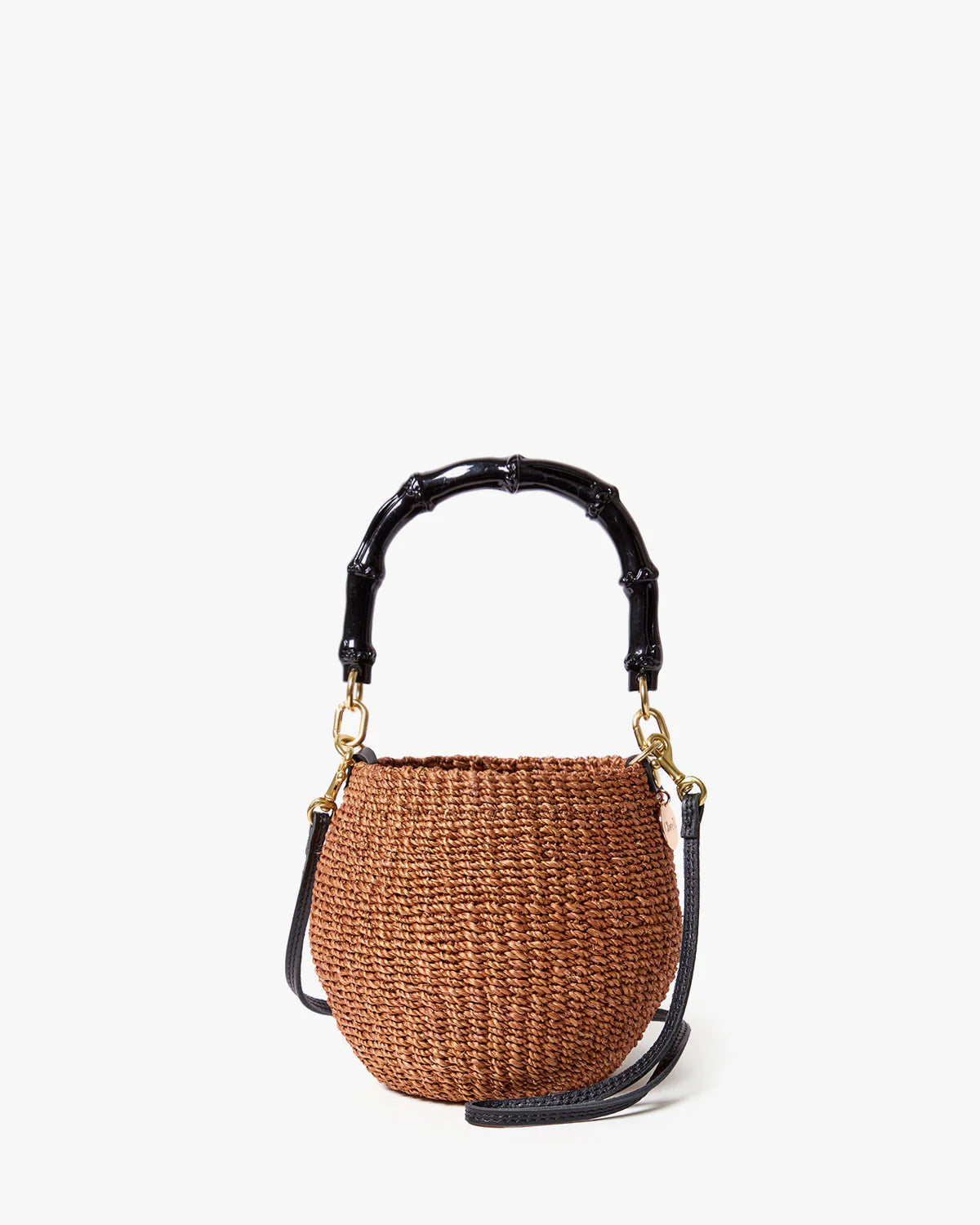 Woven handbag with black handle on a white background