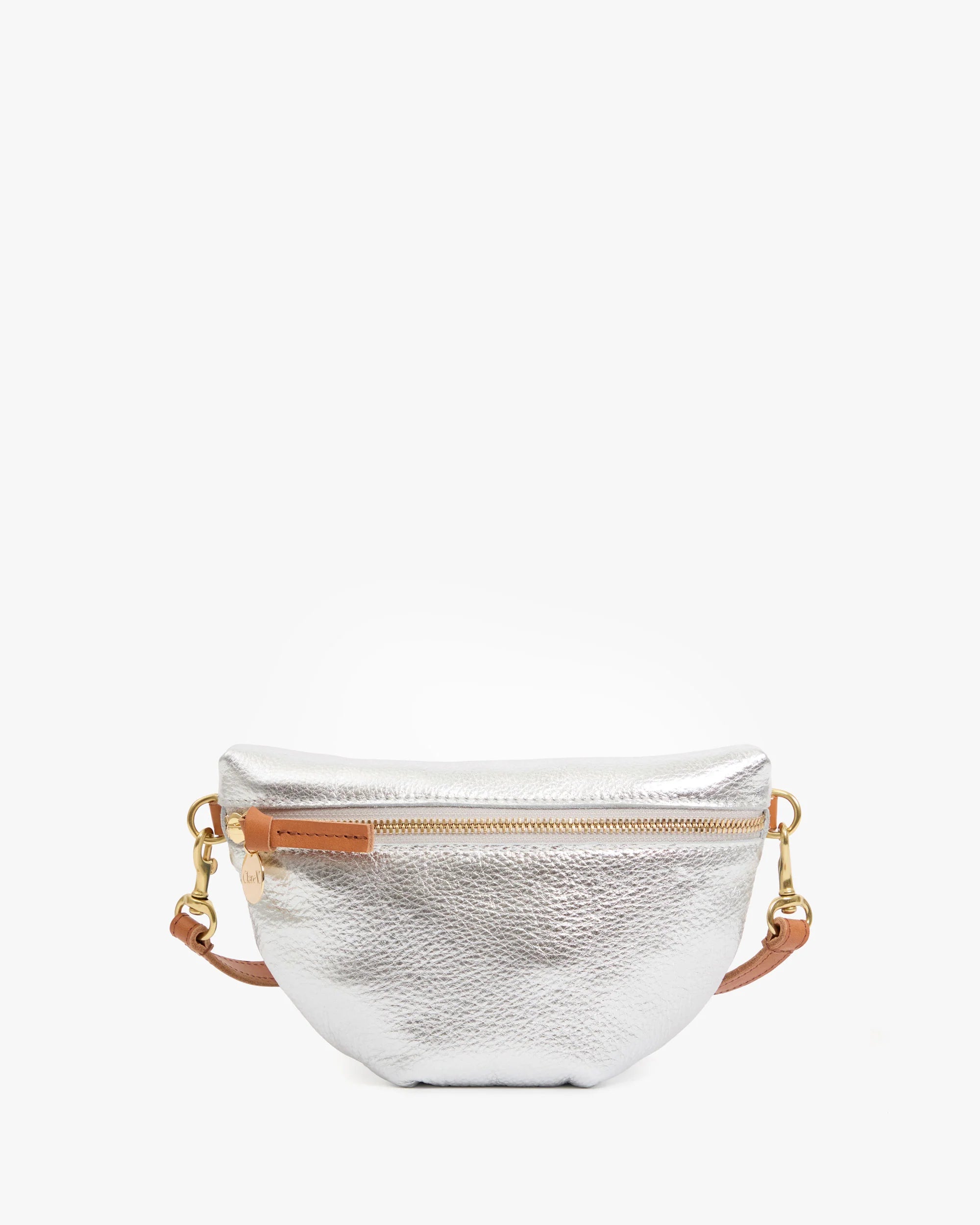 Silver metallic fanny pack with gold zipper and strap on a white background