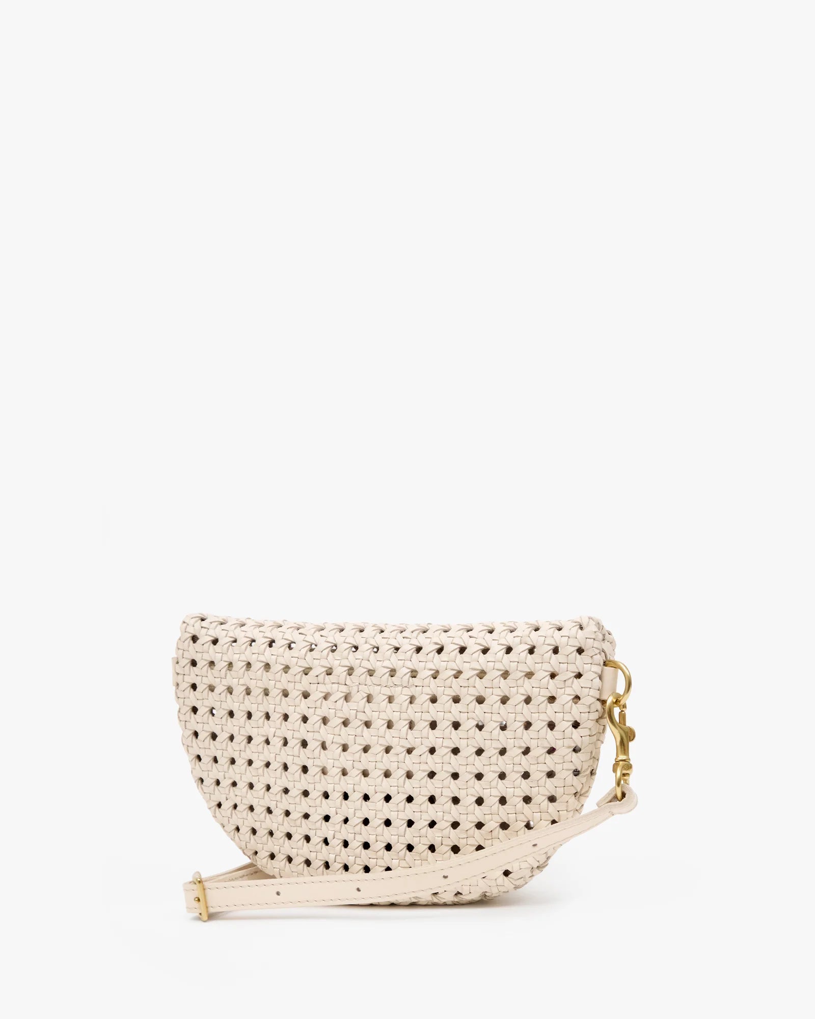 Woven handbag with a strap on a white background