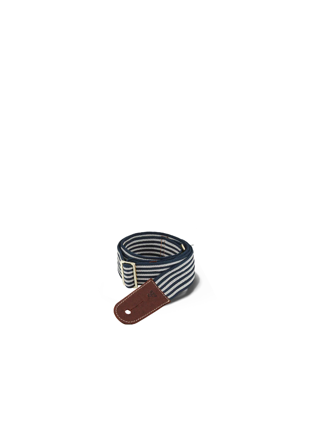 Striped guitar strap with brown leather end on a white background