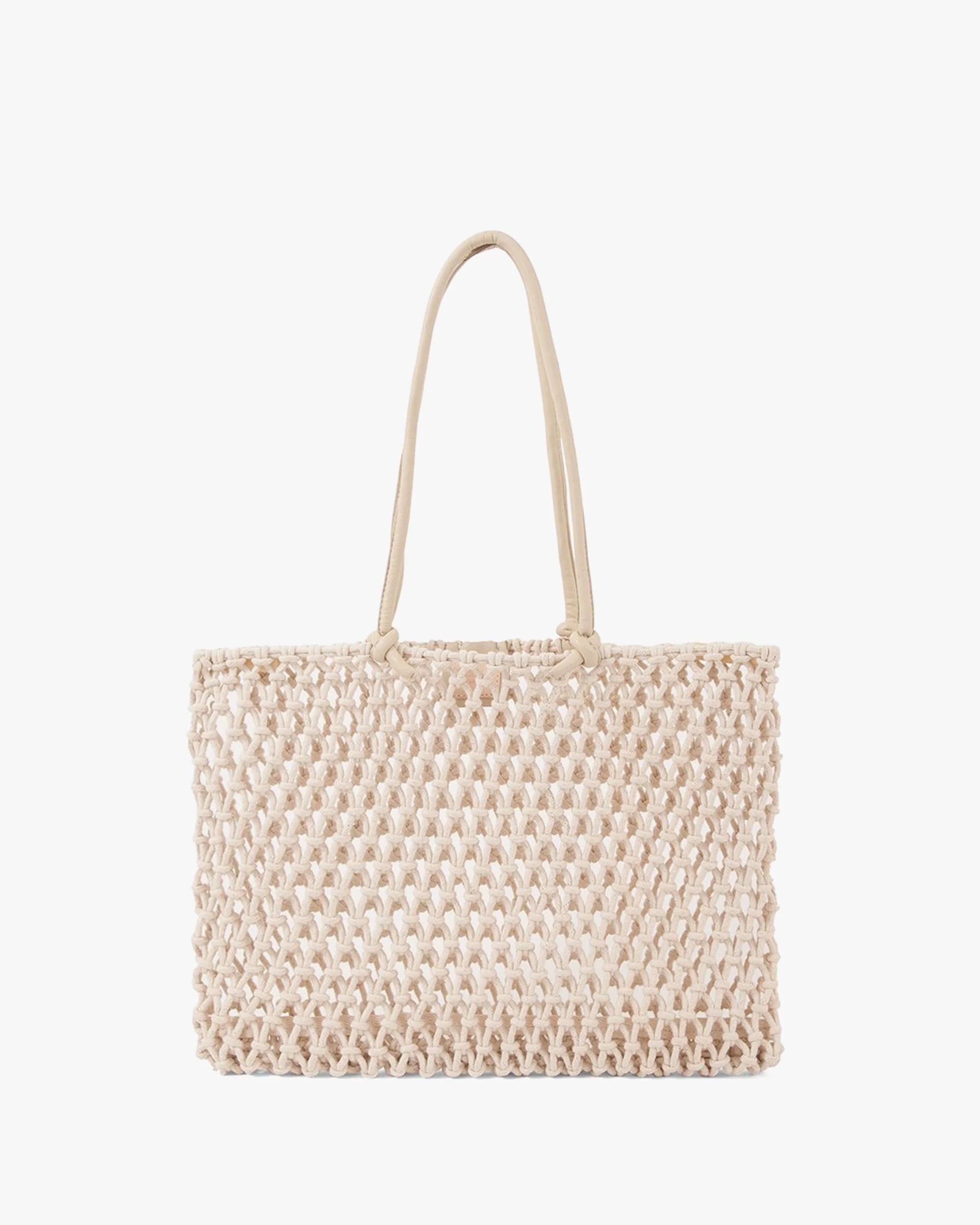 Beige woven handbag on a white background