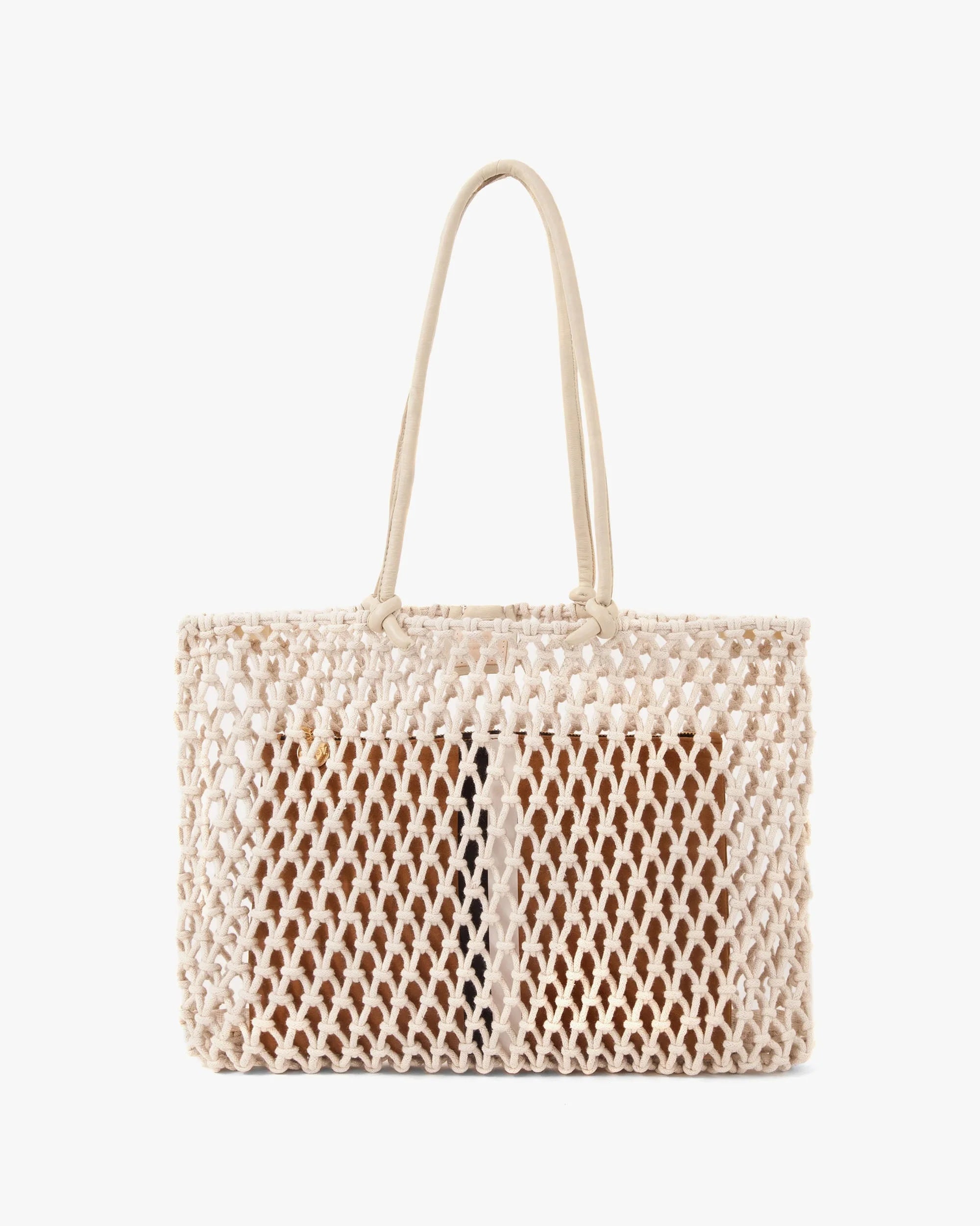 Woven handbag with a beige handle on a white background