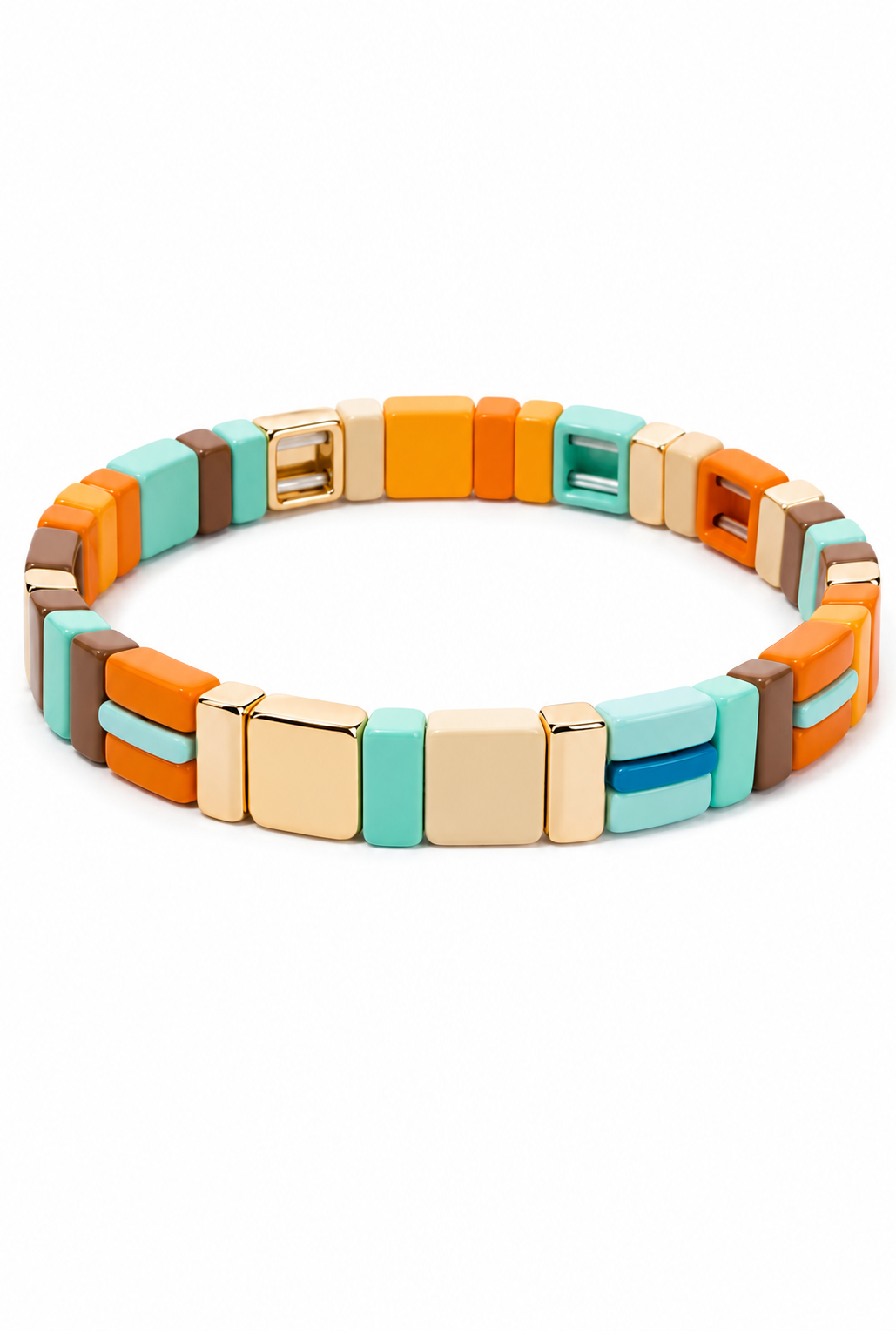 A colorful beaded stretch bracelet featuring rectangular beads in orange, light blue, gold, brown, and beige, arranged in a circular shape on a white background.