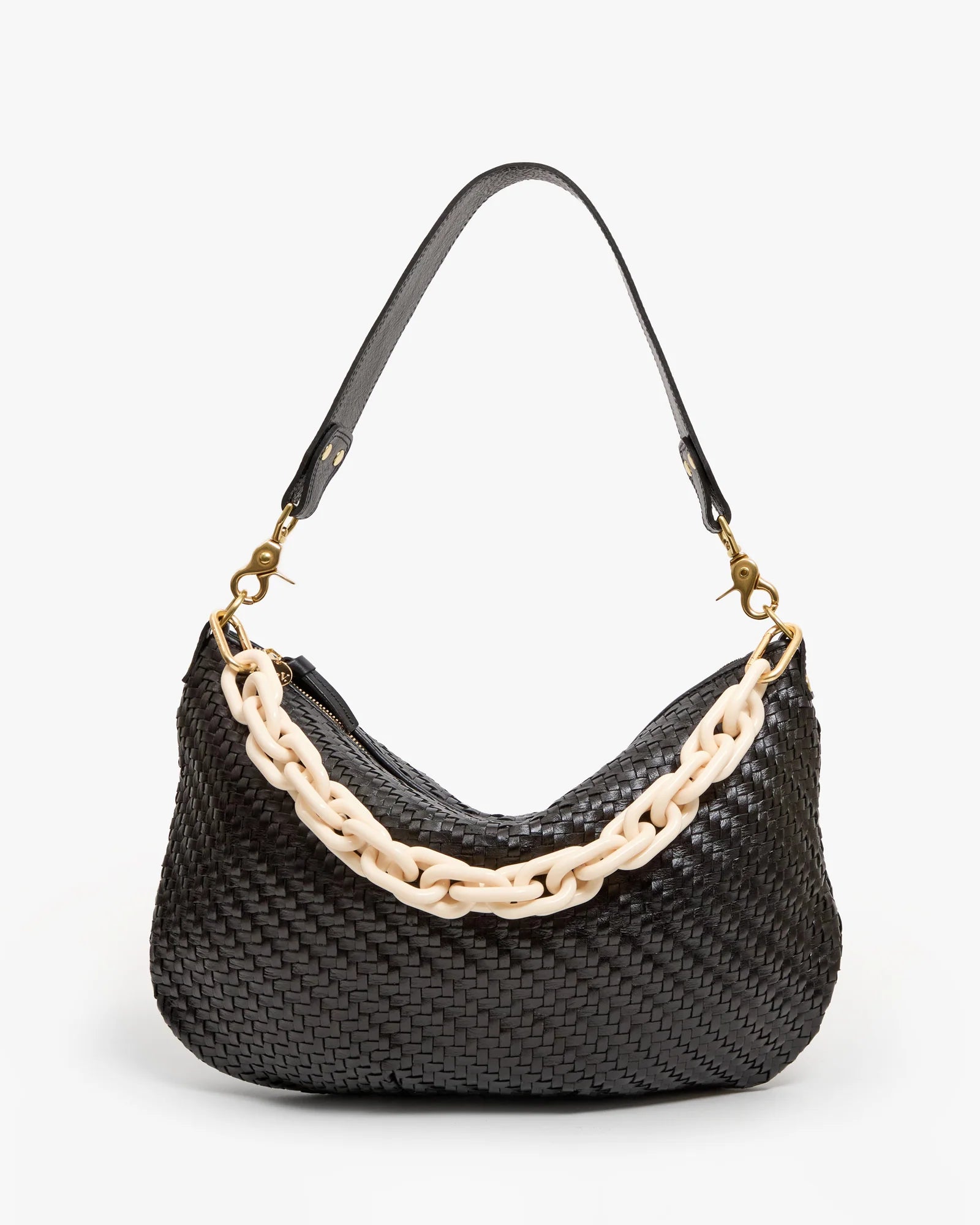Black woven handbag with a beige chain handle on a white background