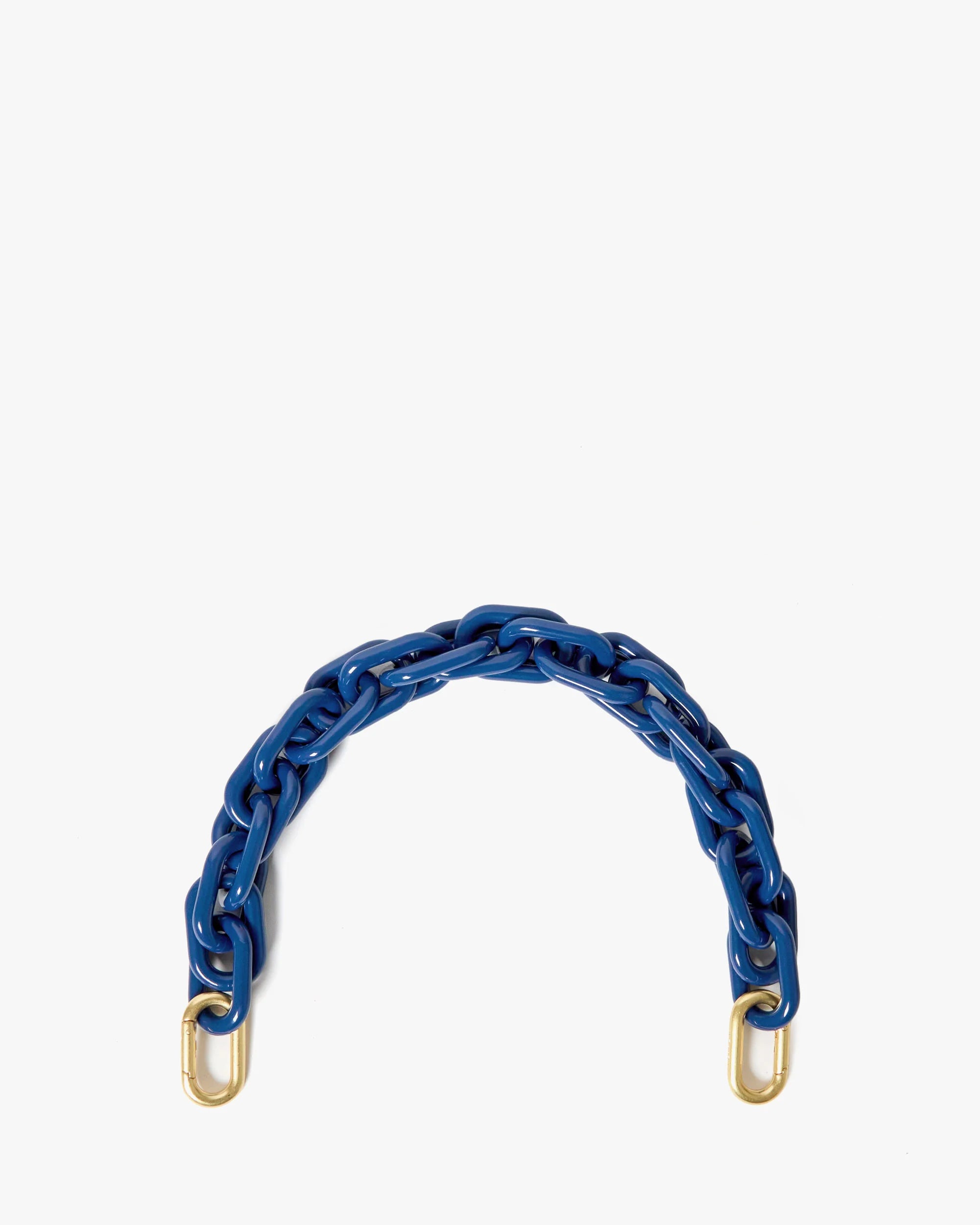 Blue chain strap with gold hardware on a white background