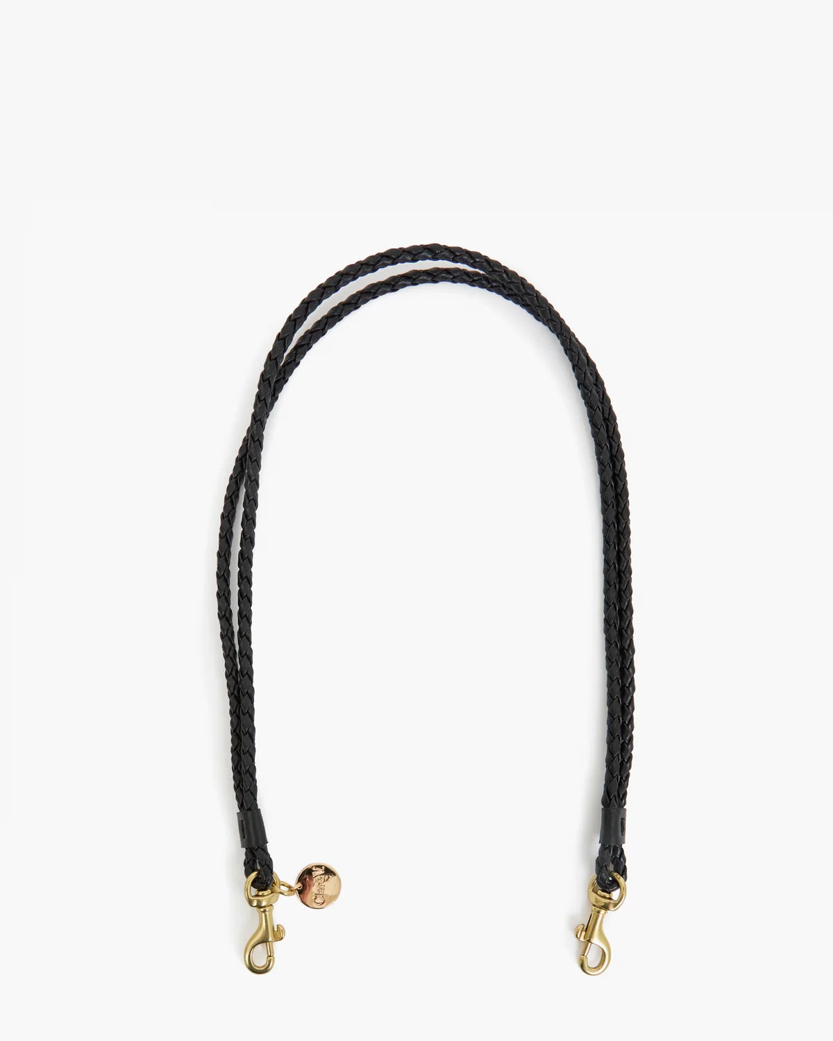 A black braided leather shoulder strap with gold-tone metal hardware, including two lobster clasps and a small round charm, displayed on a clean white background.