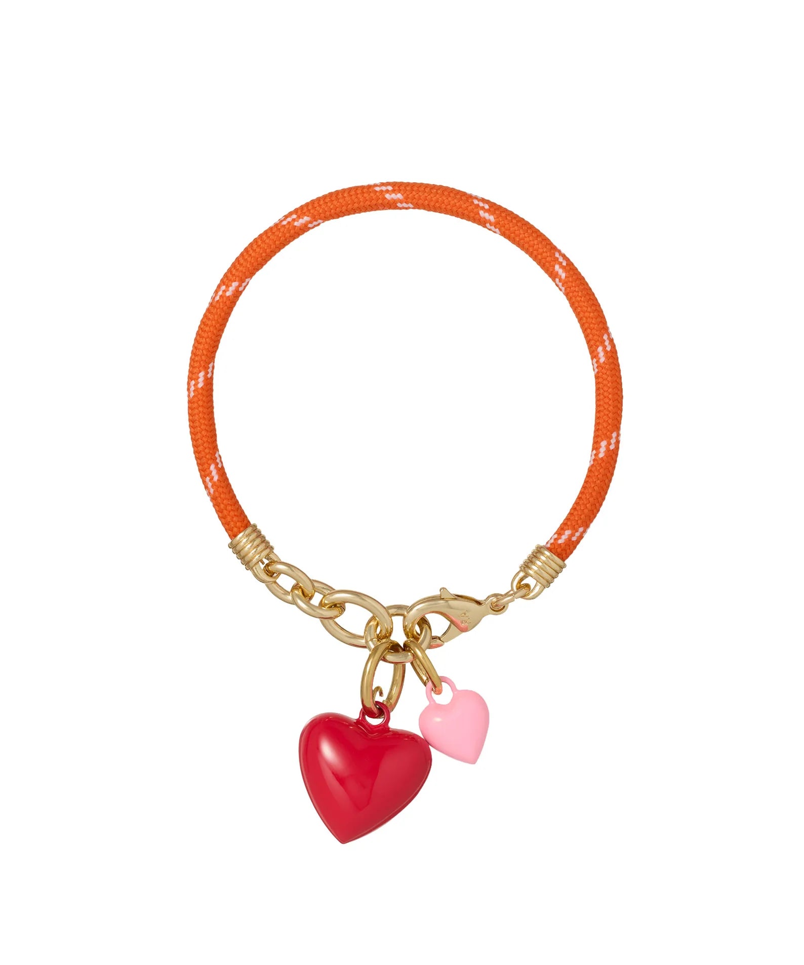 Orange bracelet with gold clasp and heart-shaped charms on a white background
