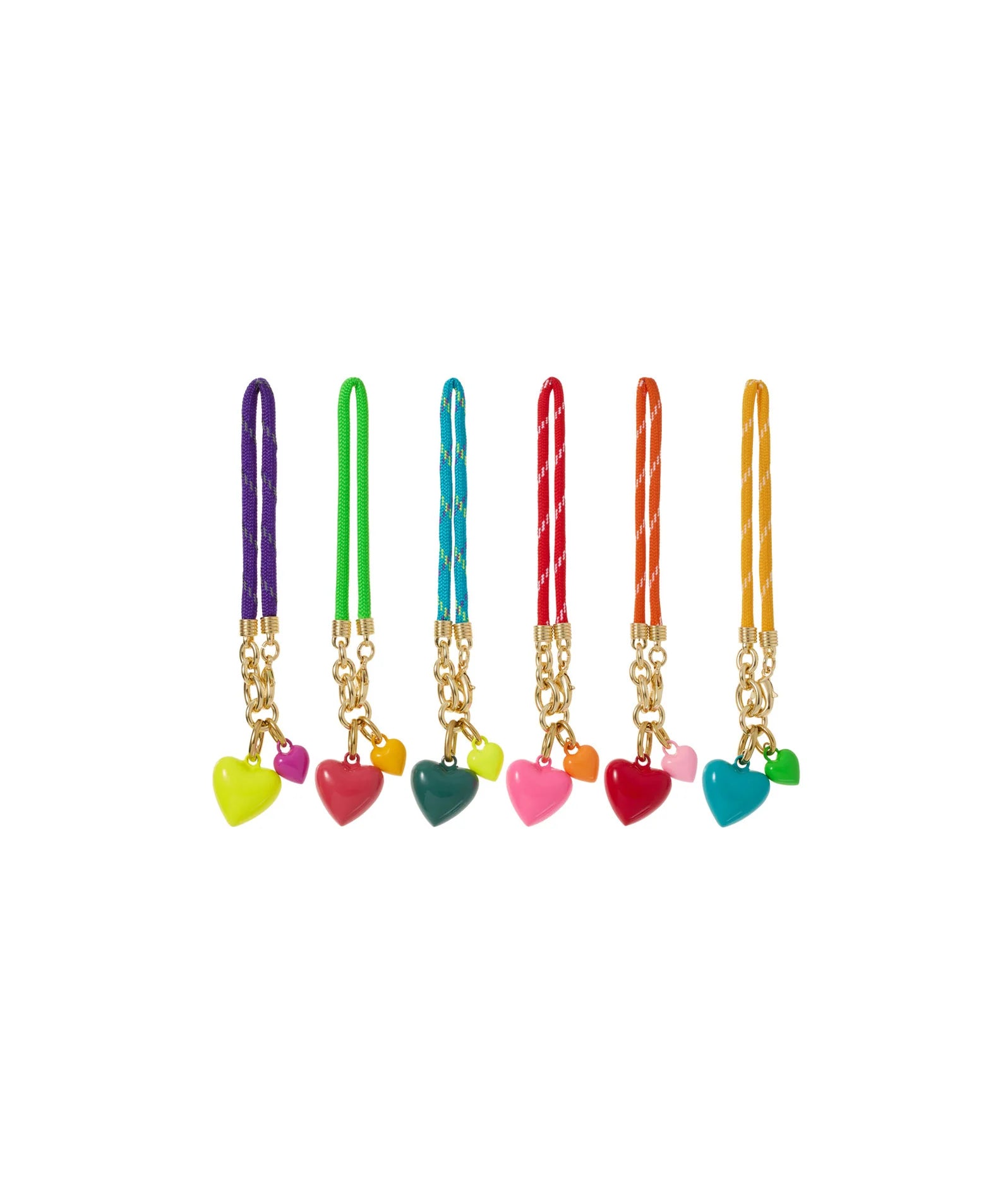 Set of colorful heart-shaped charms on a white background