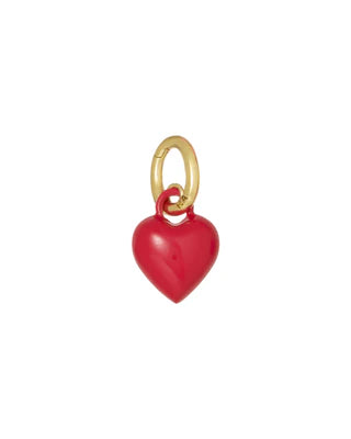 Red heart-shaped charm with gold ring on a white background