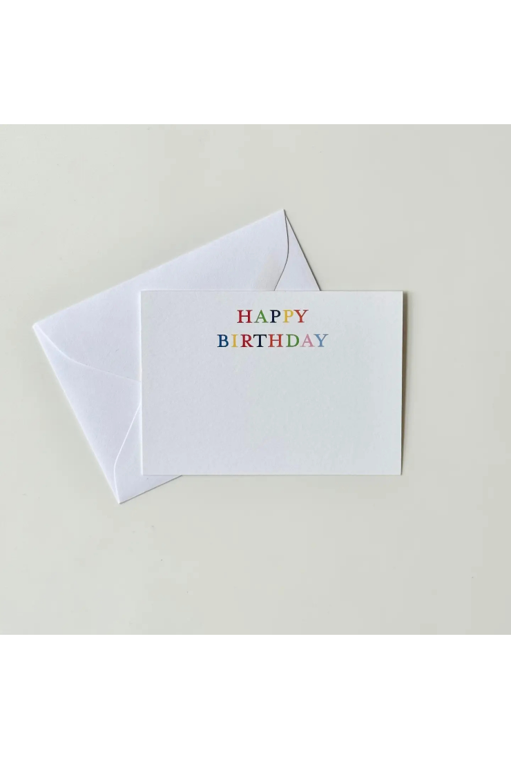 White card with 'Happy Birthday' text on a white envelope against a light gray background
