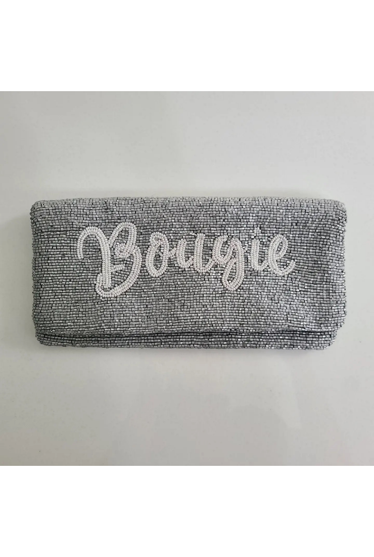 Gray textured clutch with 'Bougie' text on a light gray background