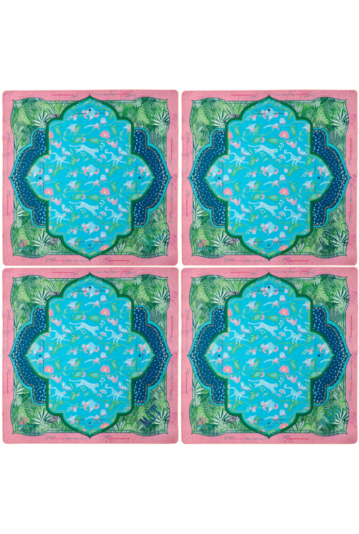 Four matching coasters with a pink border, blue central design, and green leaf pattern on a white background.